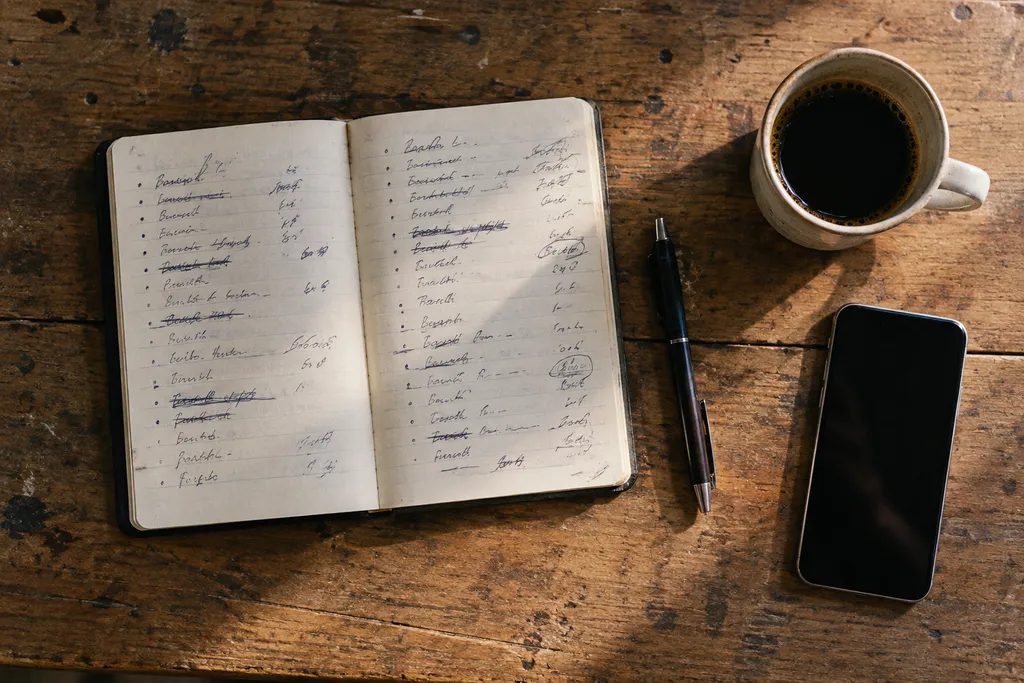Carnet ouvert avec une liste de solutions et de prix barrés, à côté d'un stylo, d'un café et d'un téléphone sur une table en bois