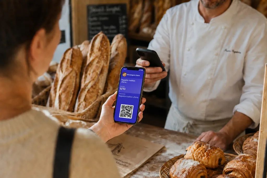 Cliente présentant sa carte de fidélité digitale sur son téléphone au boulanger, qui la scanne devant les baguettes et les viennoiseries