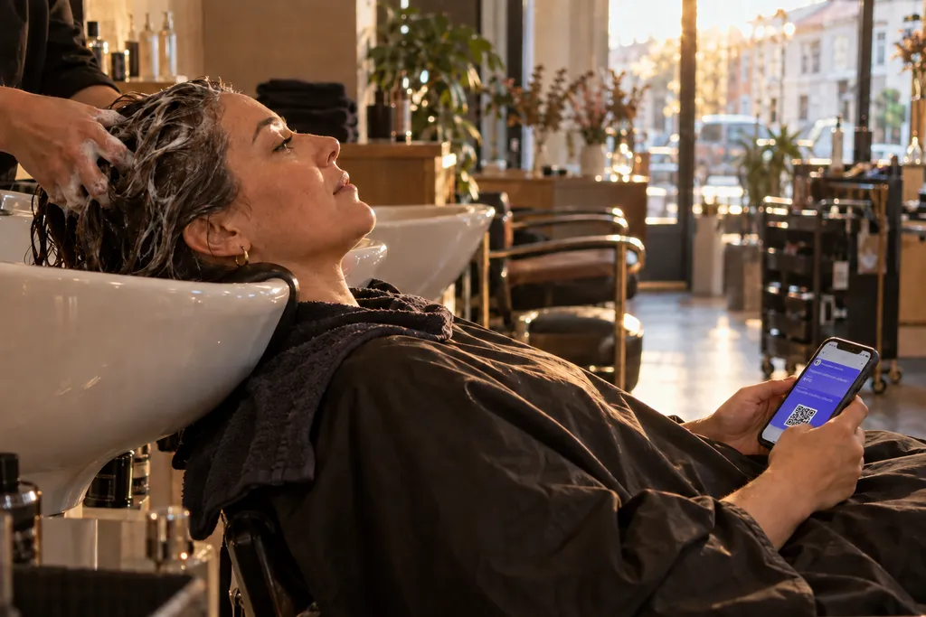 Cliente au bac à shampoing d'un salon de coiffure, cape noire, consultant sa carte de fidélité digitale sur son téléphone