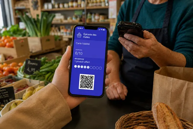 Cliente présentant sa carte de fidélité digitale sur son téléphone à la caisse d'une épicerie, entre les légumes et le pain