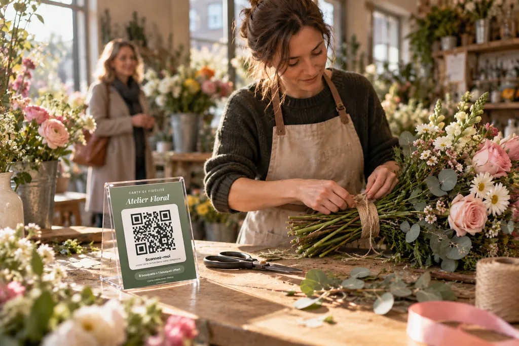 Fleuriste nouant un bouquet sur son établi, avec le QR code de sa carte de fidélité dans un présentoir au premier plan