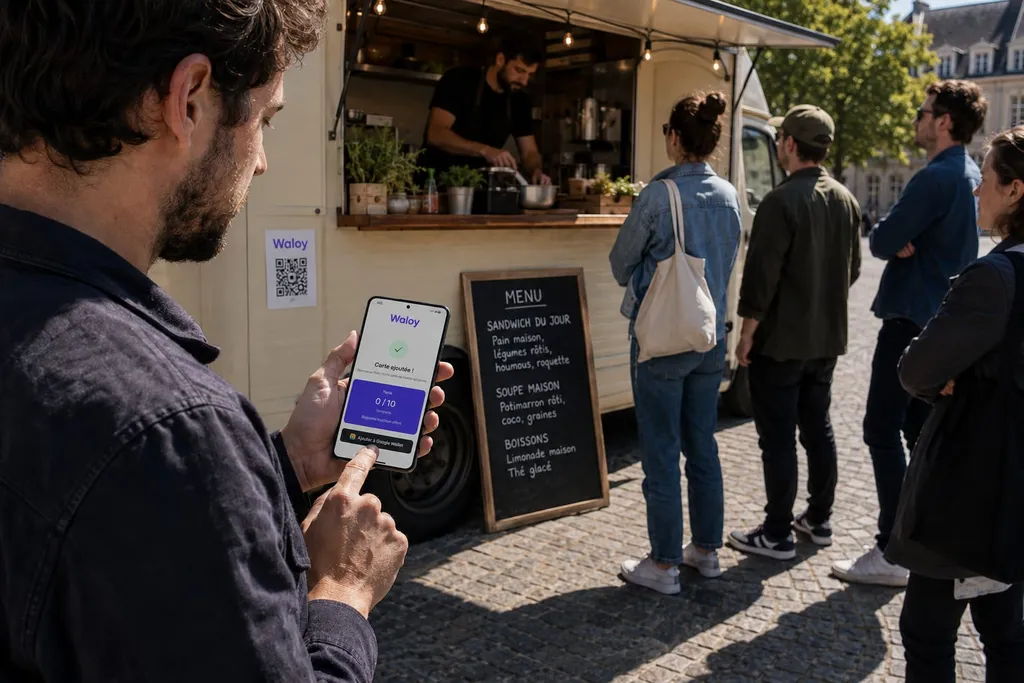 Client devant un food truck appuyant sur « Ajouter à Google Wallet » pour installer sa carte de fidélité sur son téléphone Android