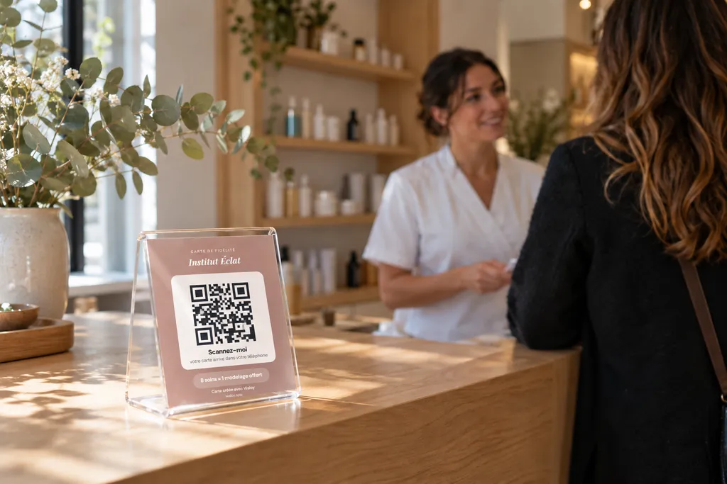 Affiche QR code de carte de fidélité dans un présentoir sur le comptoir d'accueil d'un institut de beauté, esthéticienne accueillant une cliente