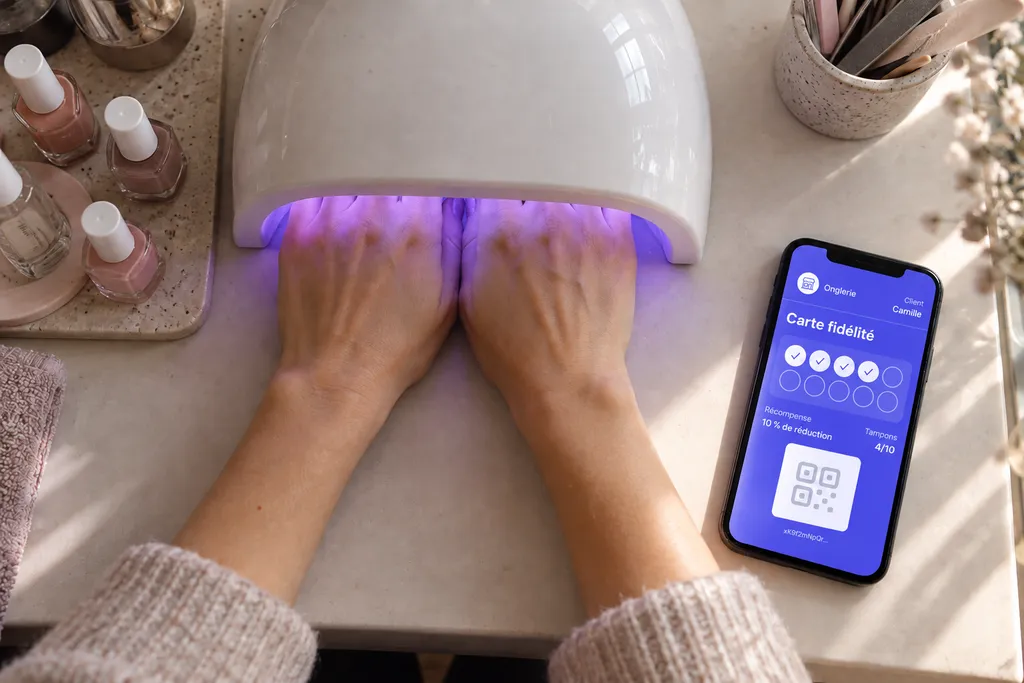 Mains d'une cliente sous une lampe UV dans une onglerie, avec sa carte de fidélité à tampons affichée sur un téléphone posé à côté