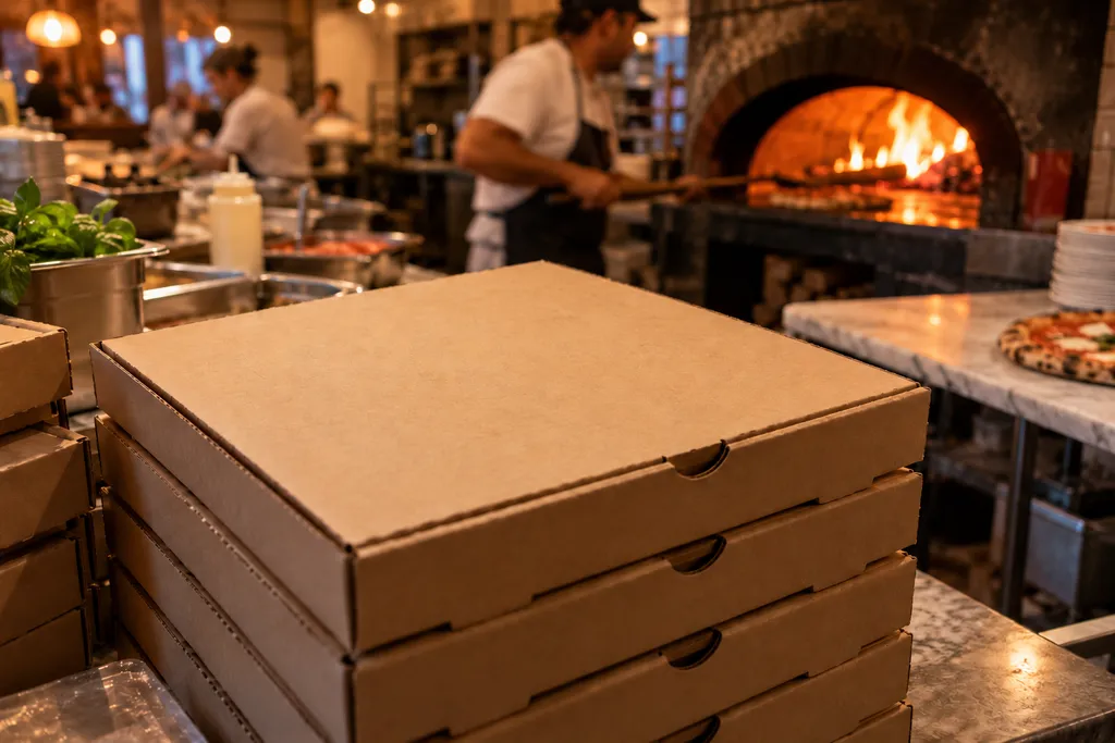 Pile de boîtes à pizza à emporter sur le comptoir d'une pizzeria, pizzaiolo devant le four à bois en arrière-plan