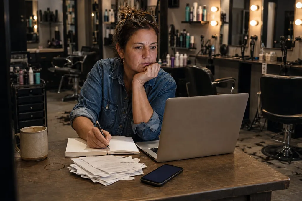 Gérante d'un salon de coiffure comparant les abonnements de programmes de fidélité sur son ordinateur, avec une pile de factures et son carnet