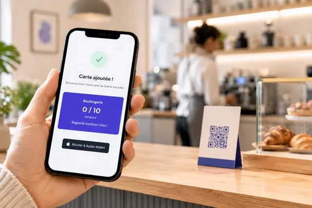 Écran « Carte ajoutée » d'une carte de fidélité digitale sur iPhone, avec le bouton Ajouter à Apple Wallet, devant le comptoir d'une boulangerie et son QR code