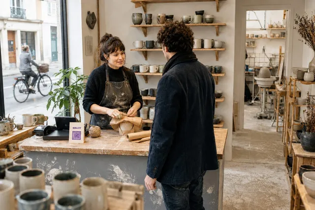 Céramiste emballant un achat au comptoir de sa boutique-atelier, un chevalet QR code Waloy posé près de la caisse, face à un client
