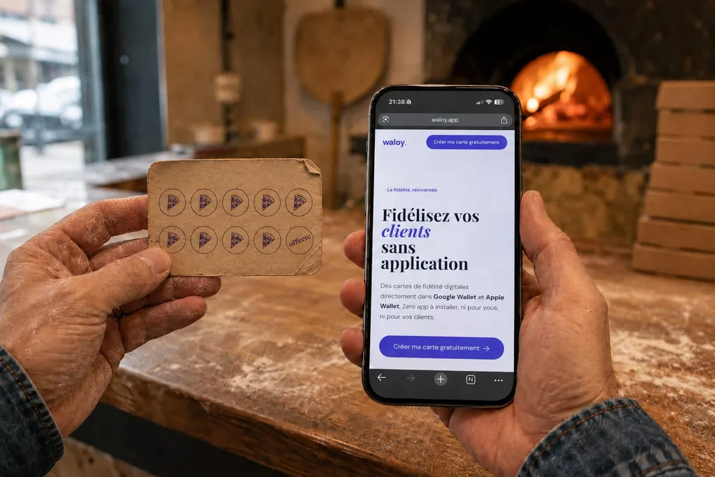 Mains d'un restaurateur tenant une ancienne carte à tampons en carton et un téléphone ouvert sur Waloy, four à bois en arrière-plan