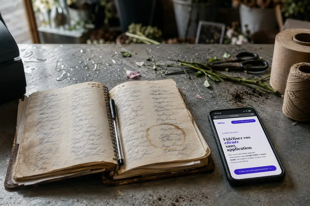 Vieux cahier de coordonnées clients ouvert sur le comptoir d'un fleuriste, à côté d'un téléphone affichant le site Waloy