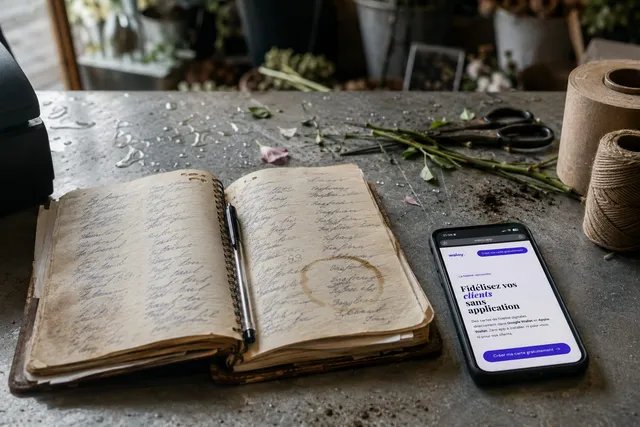 Vieux cahier de coordonnées clients ouvert sur le comptoir d'un fleuriste, à côté d'un téléphone affichant le site Waloy
