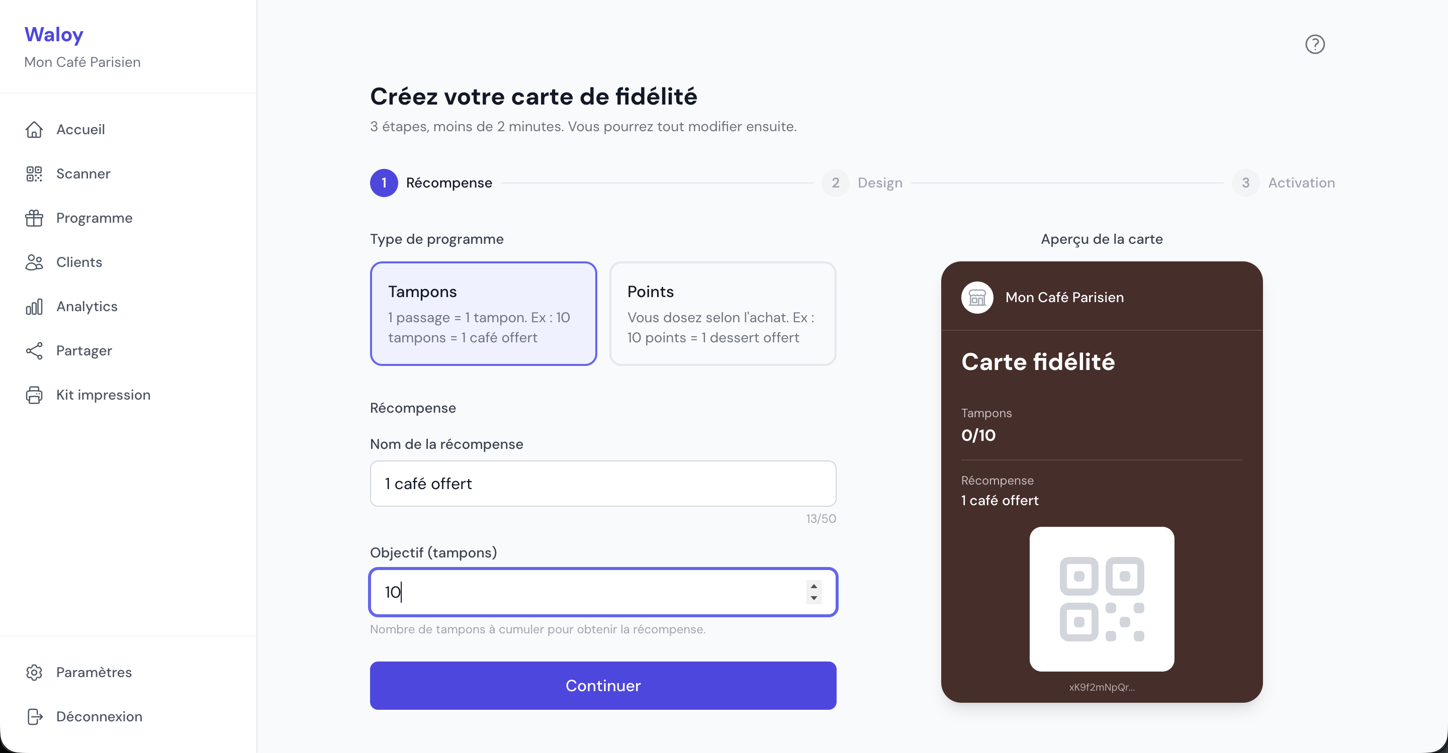 Étape 1 de la création : choix de la récompense et de l'objectif, avec l'aperçu de la carte