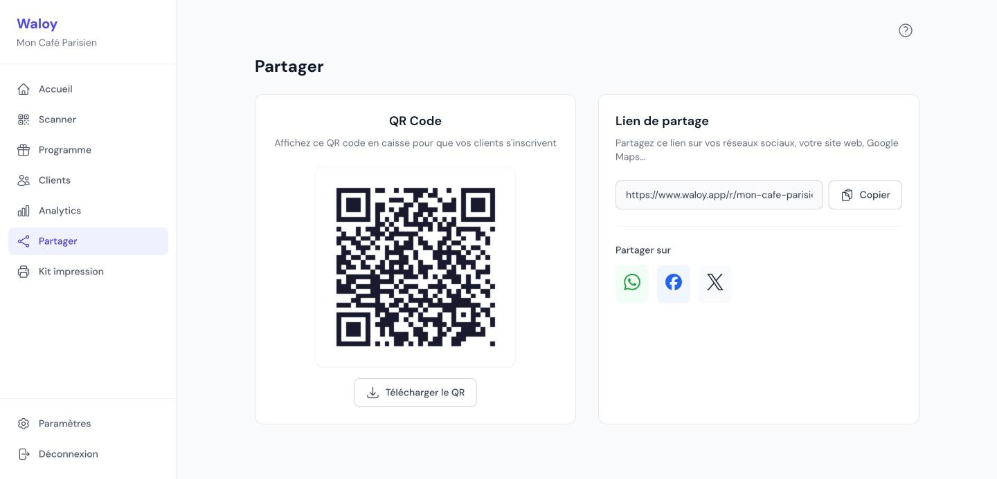 Onglet Partager : le QR code à afficher, le lien de partage et les boutons réseaux sociaux