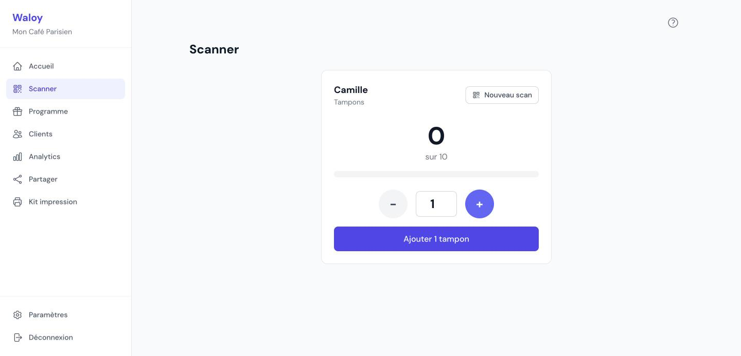 Écran Scanner : la caméra, le nombre de tampons à ajouter et le bouton de validation