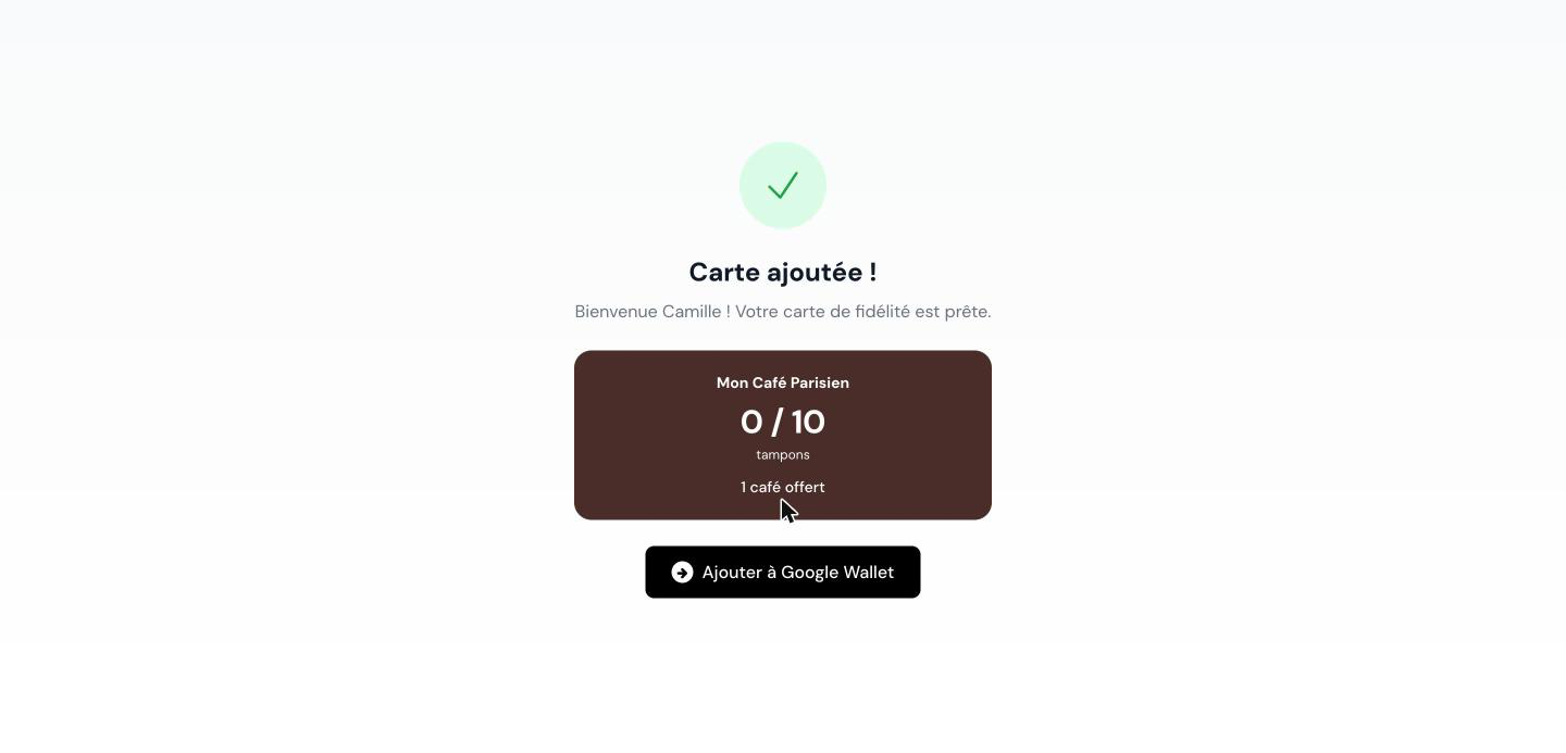 La carte que le client vient d'ajouter, avec le bouton pour l'enregistrer dans son Wallet