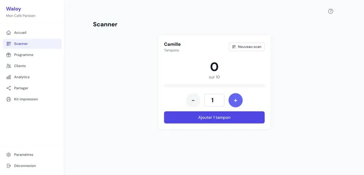 Scanner de carte de fidélité dans le dashboard Waloy